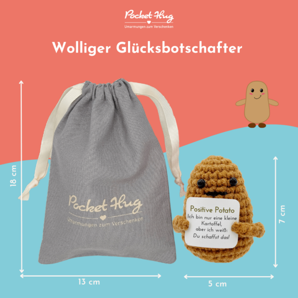 Gehäkelte Kartoffel mit Motivationsbotschaft "Du schaffst das" – Geschenk für jede Gelegenheit inkl. Leinensäckchen und vier Grußkarten (Kopieren) – Bild 6