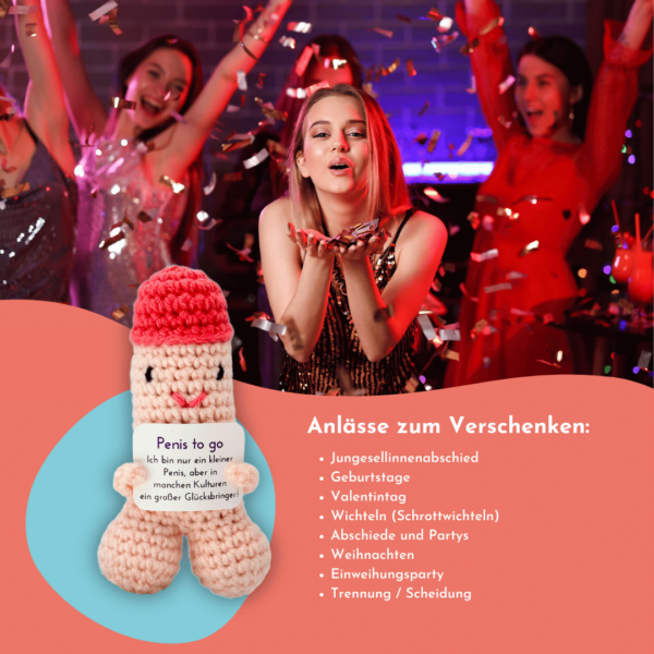 Penis to go, gehäkelter Penis als Glücksbringer, hautfarben, mit Grußkarte und edlem Leinenbeutel