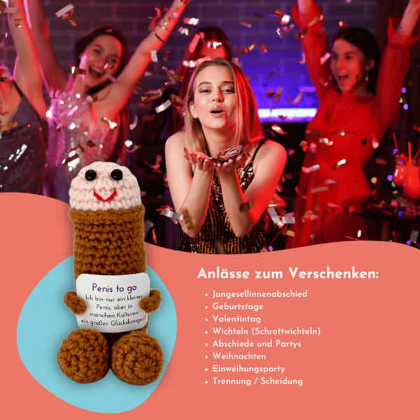 Penis to go, gehäkelter Penis als Glücksbringer, braun, mit Grußkarte und edlem Leinenbeutel