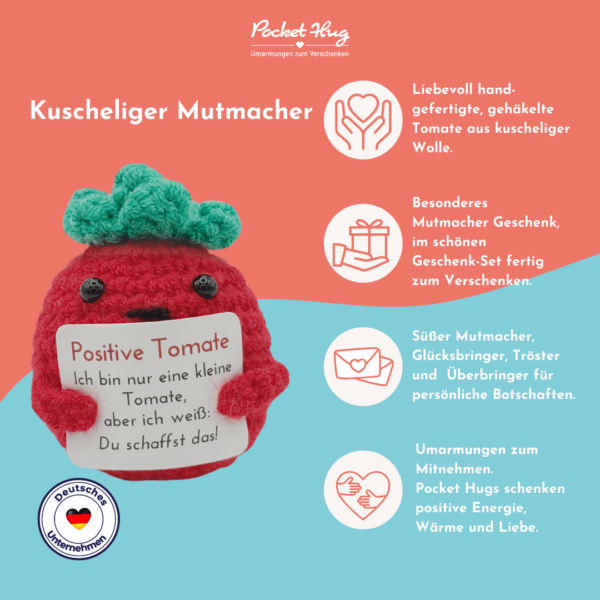 Gehäkelte Tomate mit Motivationsbotschaft "Du schaffst das" – Geschenk für jede Gelegenheit inkl. Leinensäckchen und vier Grußkarten – Bild 3