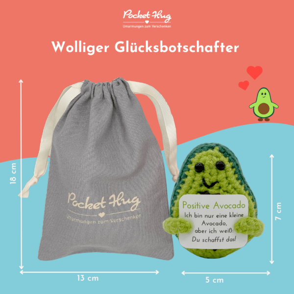 Gehäkelte Avocado mit Motivationsbotschaft "Du schaffst das" – Geschenk für jede Gelegenheit inkl. Leinensäckchen und vier Grußkarten – Bild 6