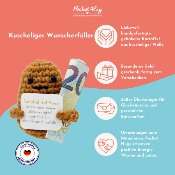 Kartoffel mit Herz, gehäckelte Kartoffel, besonderes Geldgeschenk, mit drei Glückwunschkarten, Pocked Hug – Bild 3