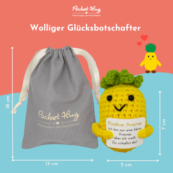 Gehäkelte Ananas mit Motivationsbotschaft "Du schaffst das" – Geschenk für jede Gelegenheit inkl. Leinensäckchen und vier Grußkarten – Bild 6