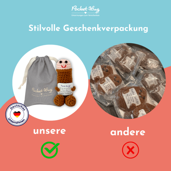 Penis to go, gehäkelter Penis als Glücksbringer, braun, mit Grußkarte und edlem Leinenbeutel