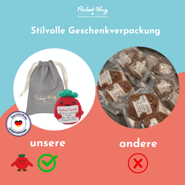 Gehäkelte Tomate mit Botschaft – Geschenk mit guter Energie inkl. Leinensäckchen und Grußkarten, pocked hug – Bild 8