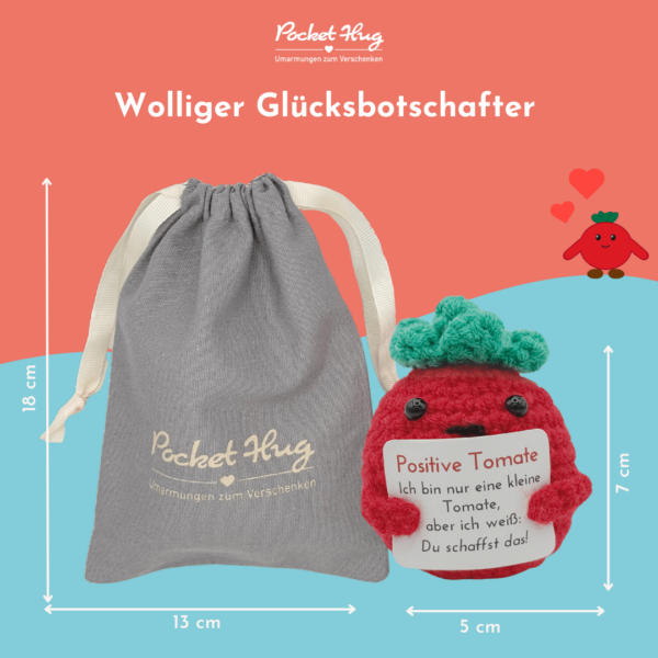 Gehäkelte Tomate mit Motivationsbotschaft "Du schaffst das" – Geschenk für jede Gelegenheit inkl. Leinensäckchen und vier Grußkarten – Bild 6