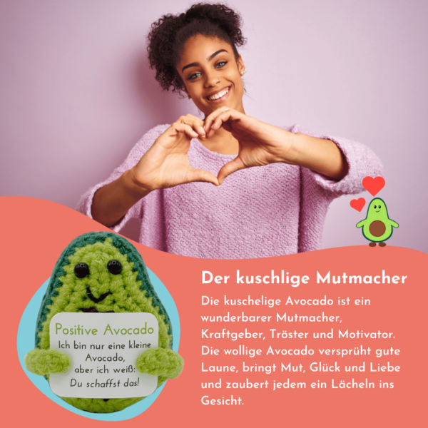 Gehäkelte Avocado mit Motivationsbotschaft "Du schaffst das" – Geschenk für jede Gelegenheit inkl. Leinensäckchen und vier Grußkarten – Bild 5