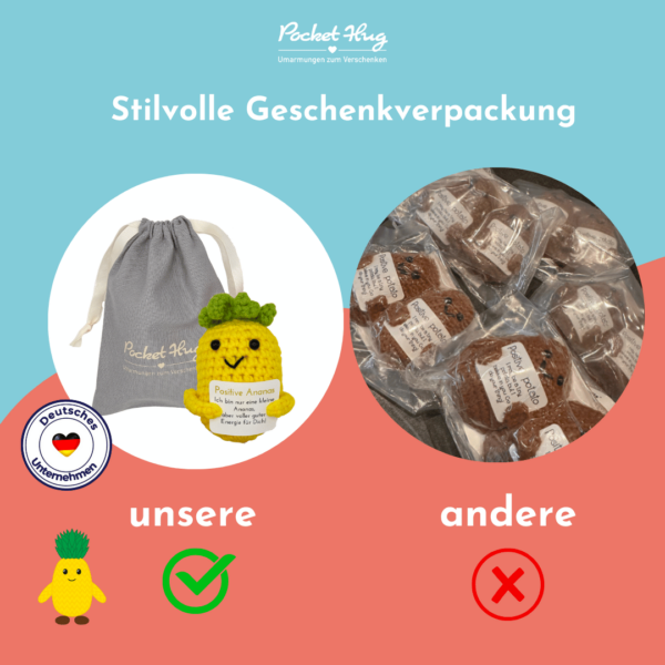 Pocked hug, Positive Ananas für gute Energie, gehäkelte Ananas, Wunscherfüller mit fünf Grußkarten
