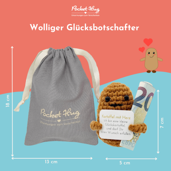 Kartoffel mit Herz, gehäckelte Kartoffel, besonderes Geldgeschenk, mit drei Glückwunschkarten, Pocked Hug – Bild 7