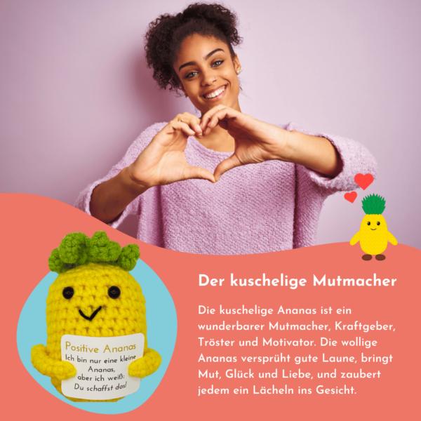 Gehäkelte Ananas mit Motivationsbotschaft "Du schaffst das" – Geschenk für jede Gelegenheit inkl. Leinensäckchen und vier Grußkarten – Bild 4
