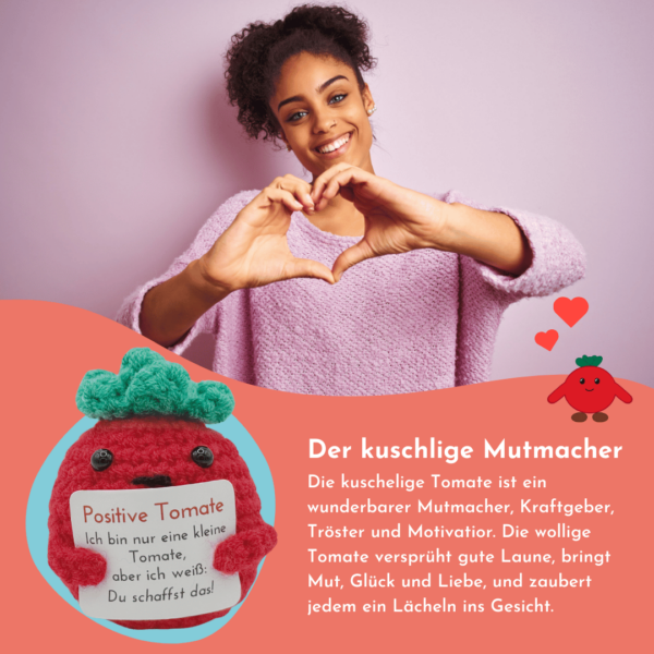 Gehäkelte Tomate mit Motivationsbotschaft "Du schaffst das" – Geschenk für jede Gelegenheit inkl. Leinensäckchen und vier Grußkarten – Bild 5
