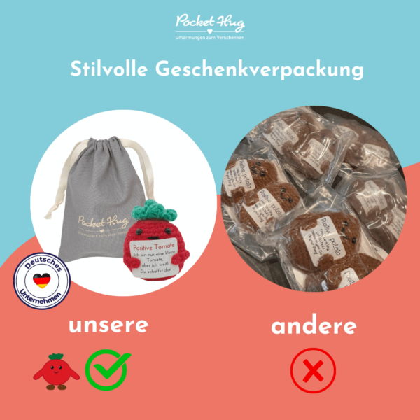 Gehäkelte Tomate mit Motivationsbotschaft "Du schaffst das" – Geschenk für jede Gelegenheit inkl. Leinensäckchen und vier Grußkarten – Bild 7