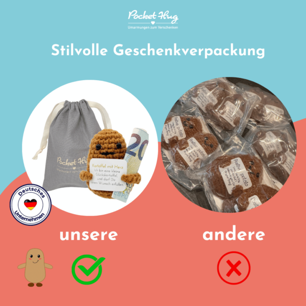Kartoffel mit Herz, gehäckelte Kartoffel, besonderes Geldgeschenk, mit drei Glückwunschkarten, Pocked Hug – Bild 9